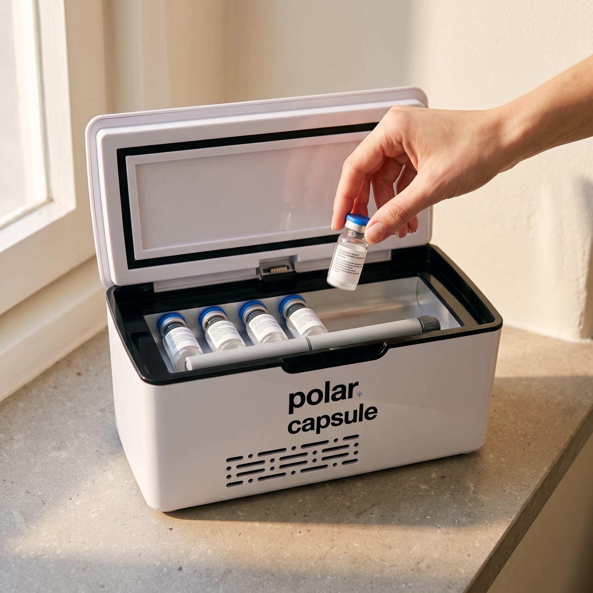 Polar Capsule ouverte avec flacons rangés à l'intérieur